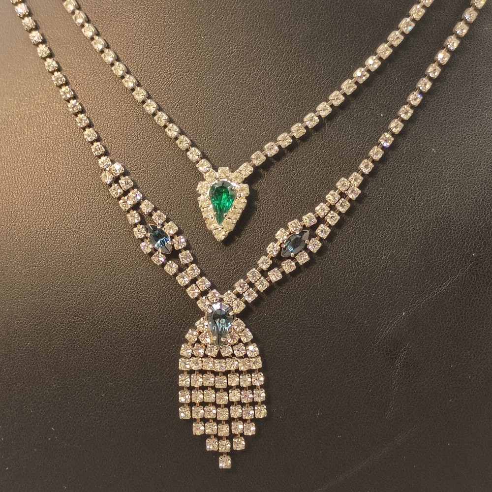 Vintage Rhinestone Necklace Lot Silver Tone Blue Green Bridal Prom Spring Summer