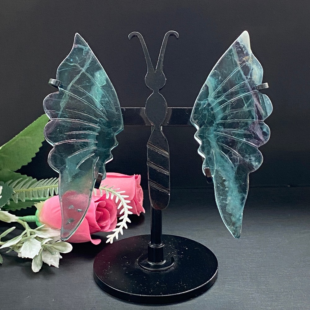 Natural Crystal Rainbow Fluorite Butterfly Wings Healing Statue Decor + Stand