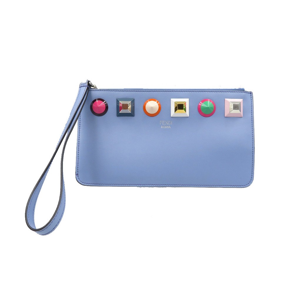 RARE Fendi Blue Leather Pouch with Silver Studded Hardware