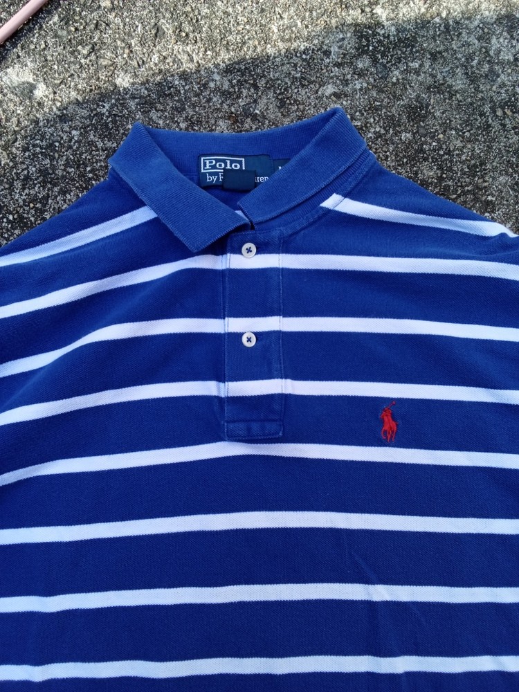 VTG Men's Polo Ralph Lauren Size M White Blue Horizontal Stripes Red Pony Logo