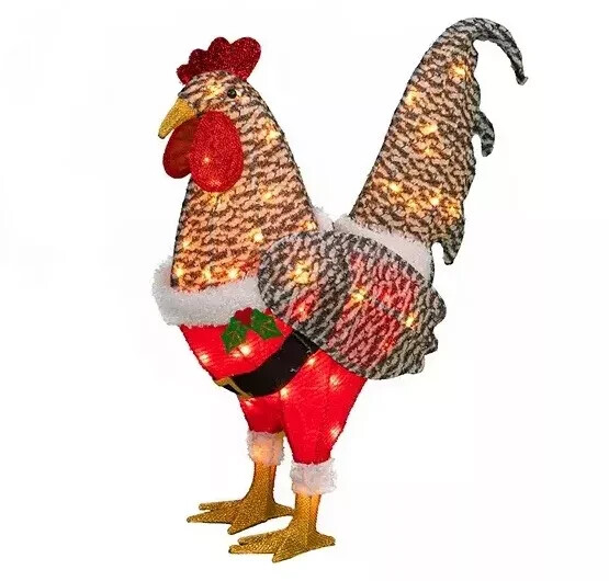 25” Rooster Christmas Decor Gamecock Santa Suit 50 Lights Up Yard Art Tinsel