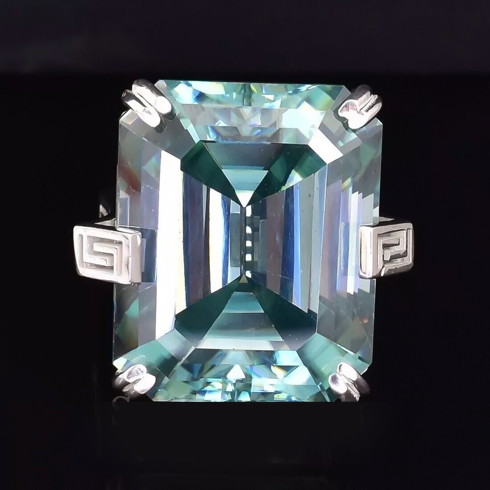 18.60 Ct Emerald Cut Blue Diamond Ring in 925 Silver Certified Statement