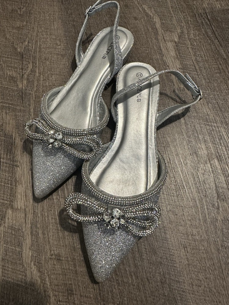 ALICEPUB Silver Glitter Rhinestone Bow Pointed Toe Slingback Flats Women 8.5