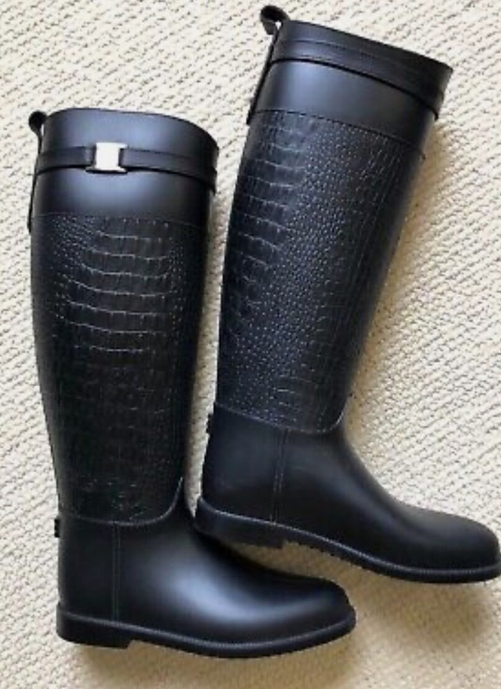 Michael Kors Collection Miranda Tall Black Croc Embossed Rain Boots Size 39/8.5
