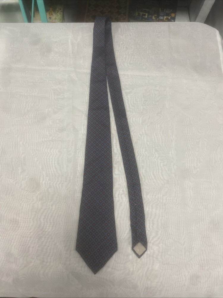 Dior Mens Blue Silk Necktie with Red Tan Accents