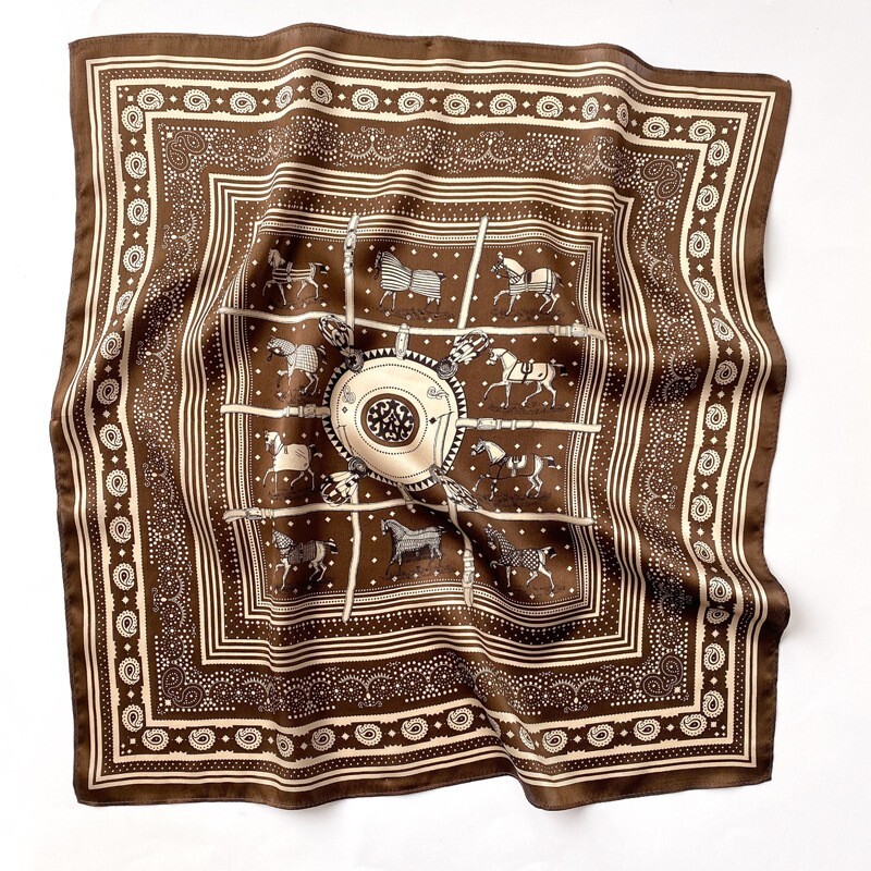 100% Silk Vintage Horse Scarf for Women Bandana Head Neck Hair Kerchief 53