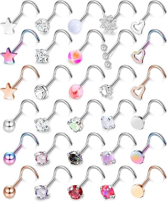 30Pcs Nose Rings Studs for Women Men 316L Stainless Steel Nose Piercings Jewelry