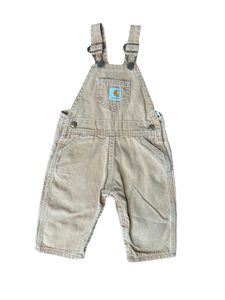 Carhartt Toddler Overall Bibs Size 18M Tan Brown Canvas Snap Bottom Pictures