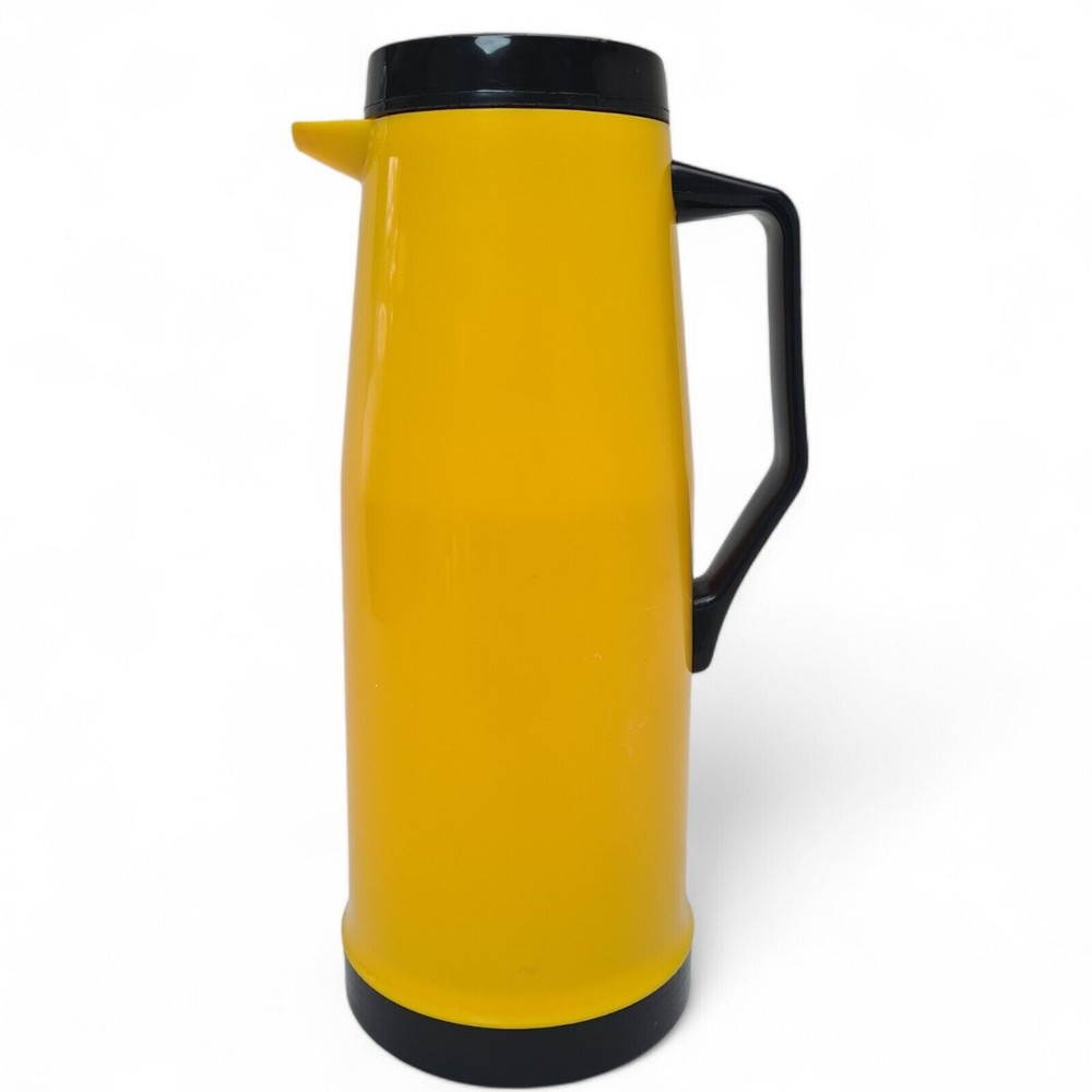 Retro 1970s Thermos Oasis 1 Litre Vacuum Flask Jug Yellow Black Hot Cold Vintage