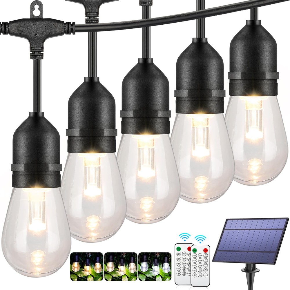 3-Color in 1 Solar String Lights Outdoor Waterproof Dimmable, 48ft Remote LED...
