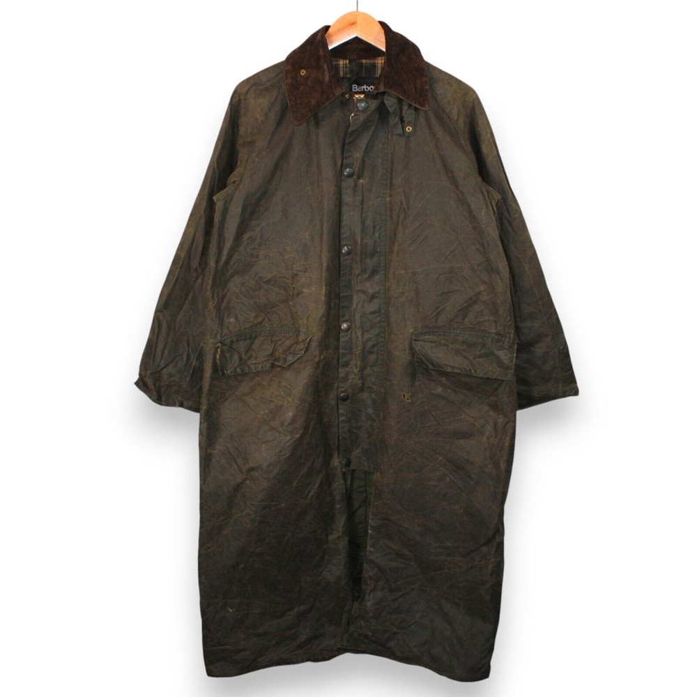 Vintage 80s Barbour Burghley C38 Waxed Country Coat in Olive Brown - Medium Long  
