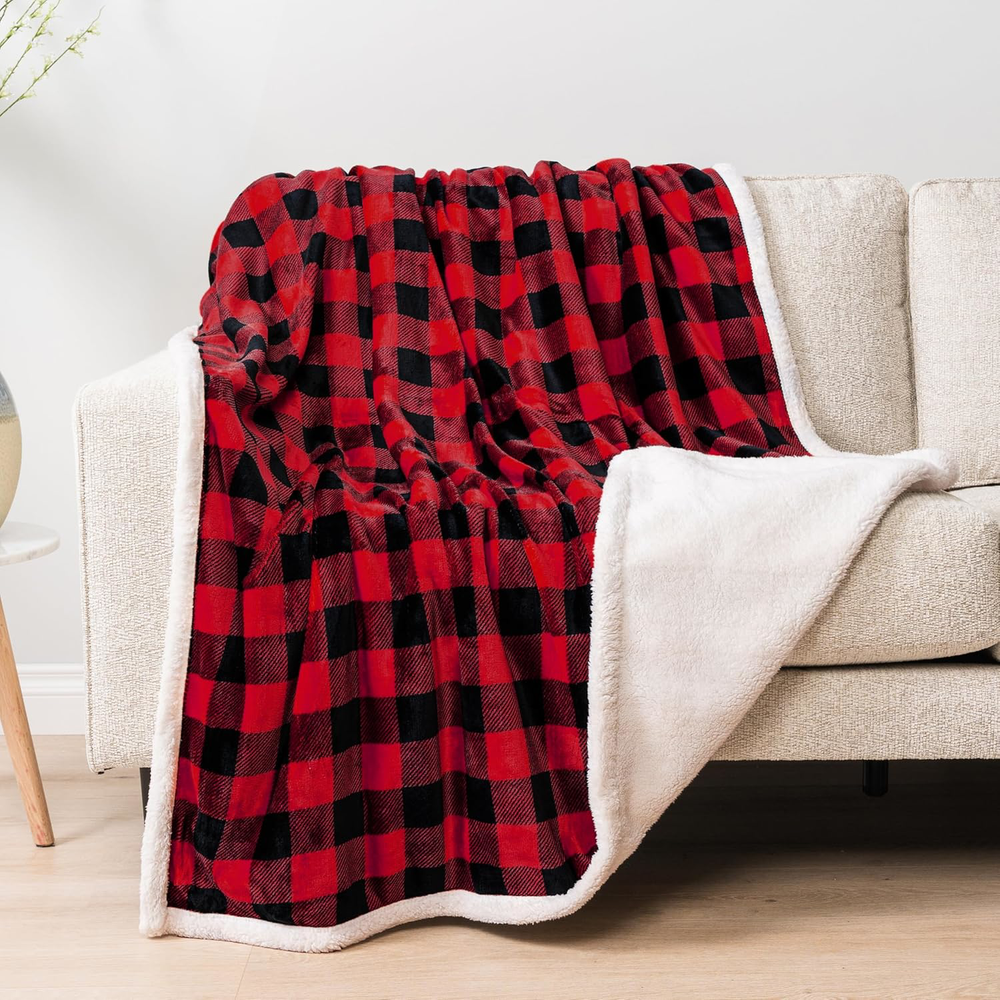 PAVILIA Buffalo Plaid Sherpa Fleece Throw Blanket 50x60 for Couch Comfort