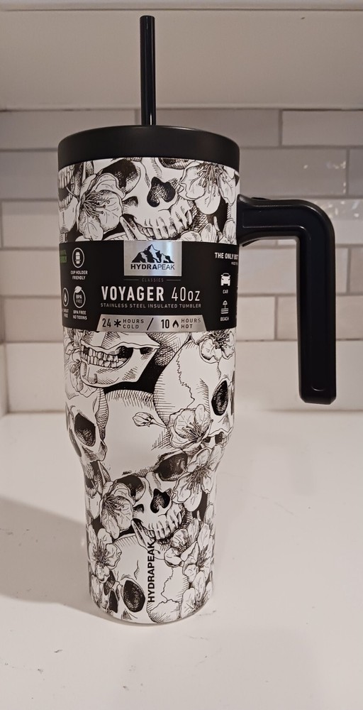 HydraPeak Tumbler Voyager Insulated Cup Skulls and Flowers 40oz Stainless Steel