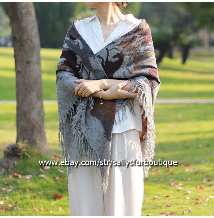Sallys Boutique Luxury Cashmere Shawl Wrap Cape Horses Printed Blanket Grey 51