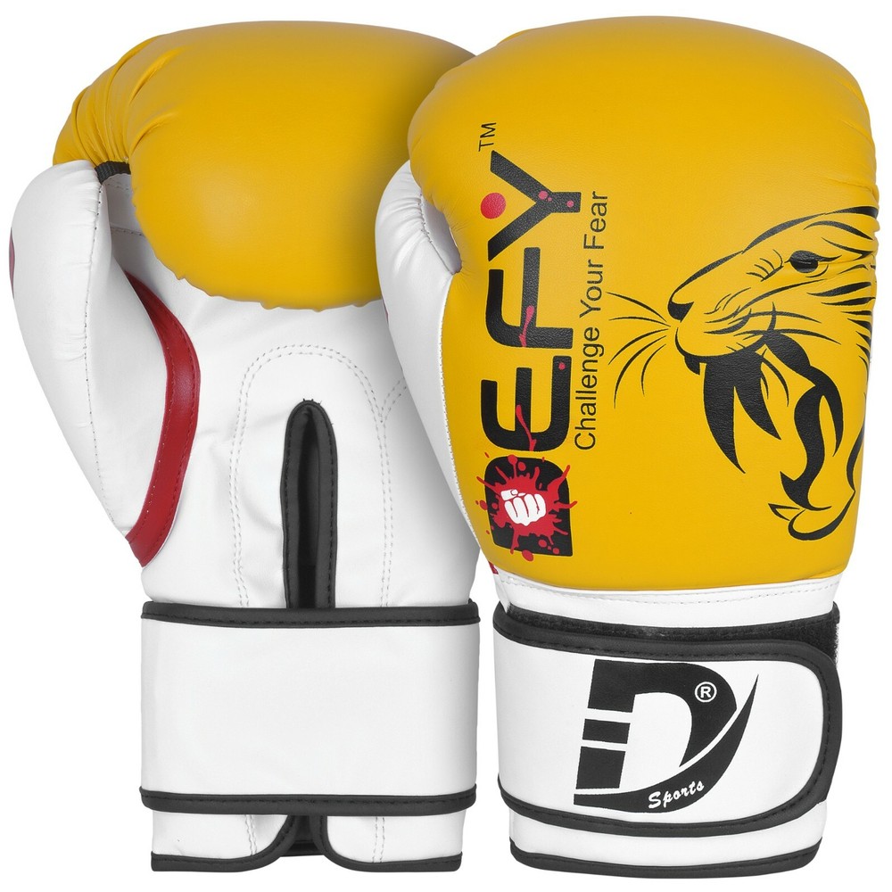 DEFY® BEGINNERS GEL Boxing Gloves Leather Punch Training Kickboxing MMA Yellow