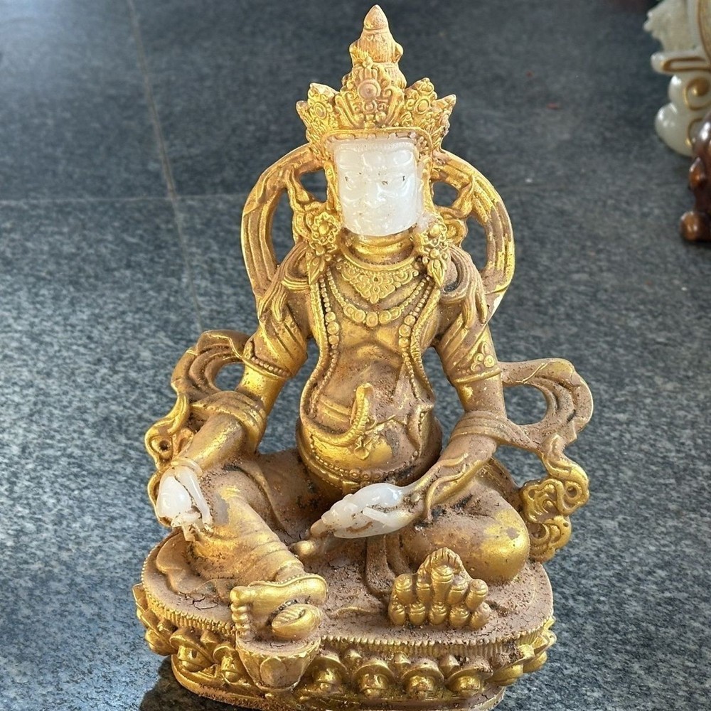 Antique Jade Ancient Jade Han White Jade Gilded Tara Statue Collectible Ornament