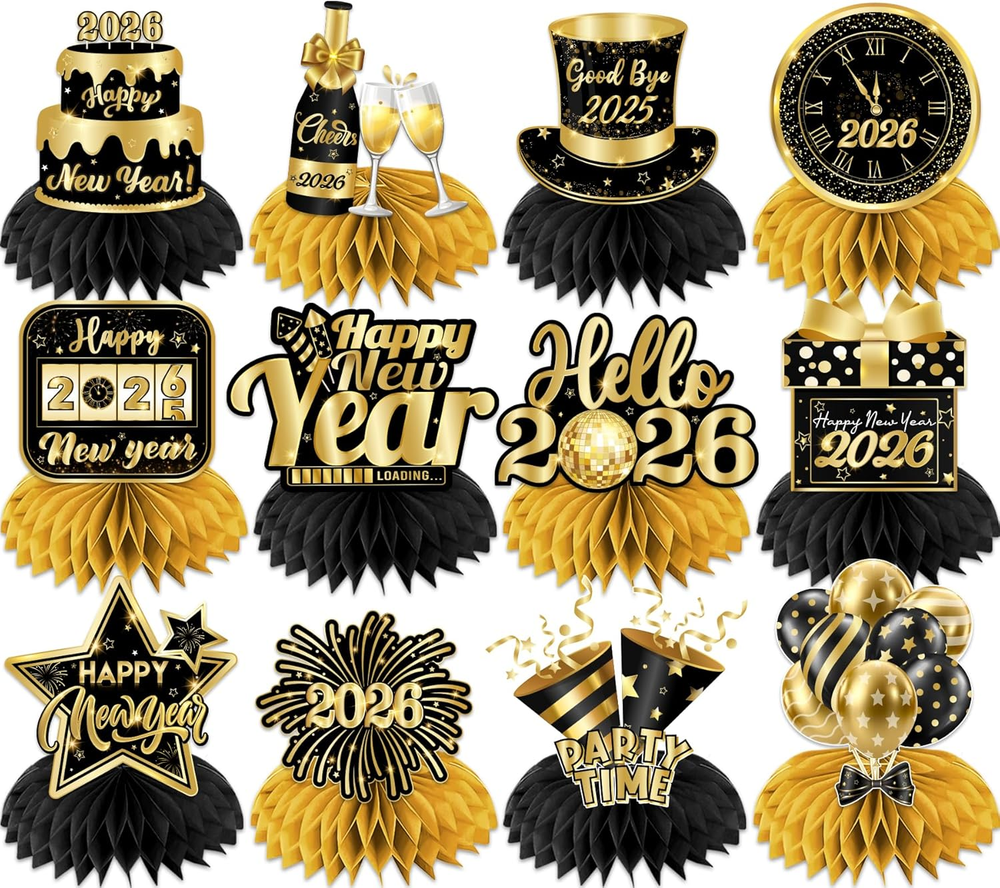 Happy New Year 2026 Honeycomb Centerpieces,Black and Gold New Years Eve Decorati