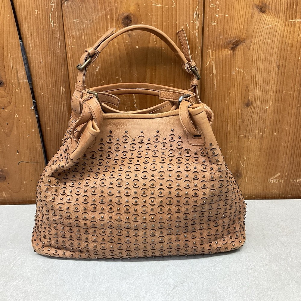 Platania Studded Brown Leather Shoulder Tote Bag for Women