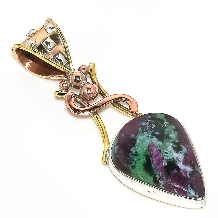 Ruby In Zoisite Lab-Created 925 Sterling Silver Gift Two Tone Pendant 1.80
