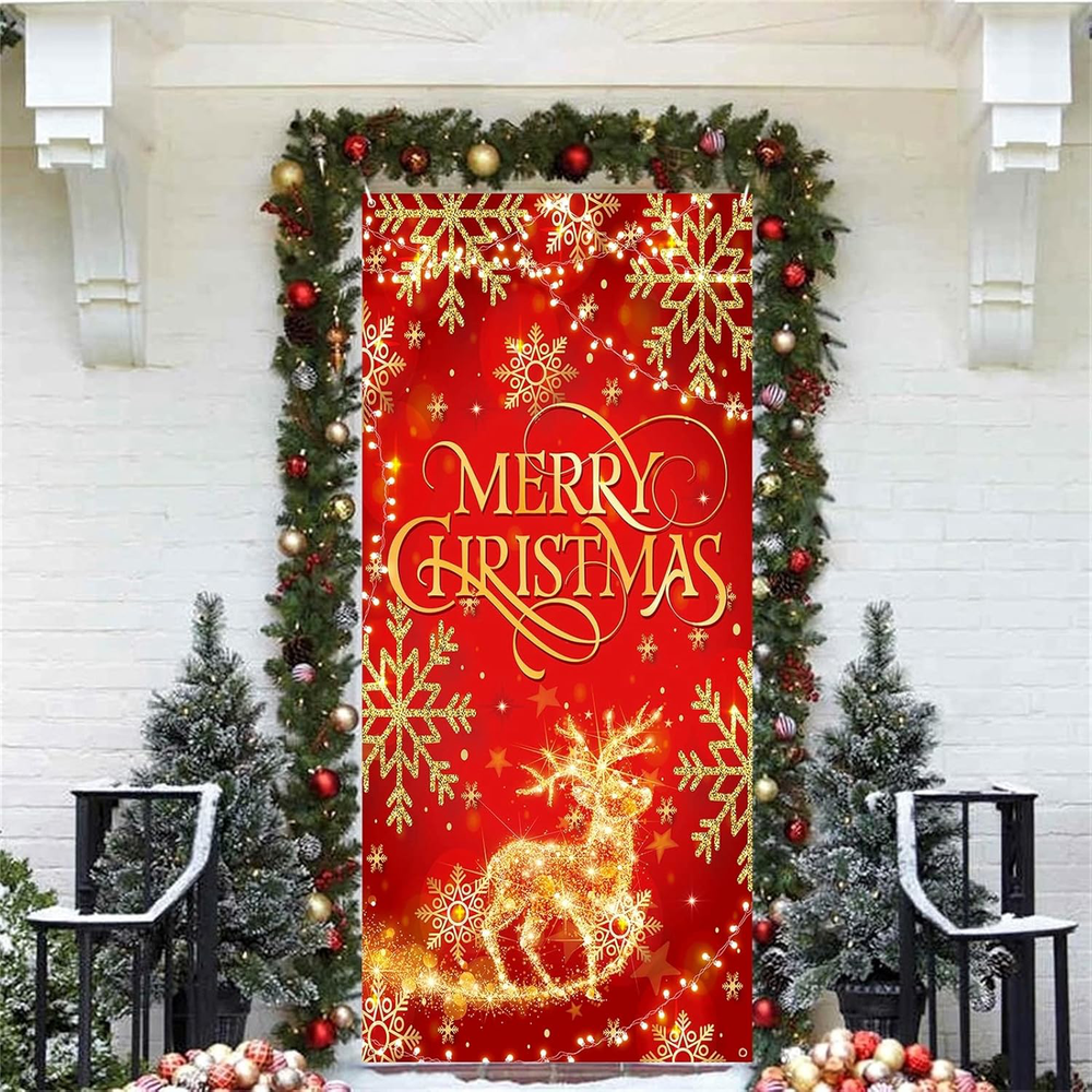 Christmas Decorations Door Cover, Red Glitter Merry Christmas Reindeer Elk Door
