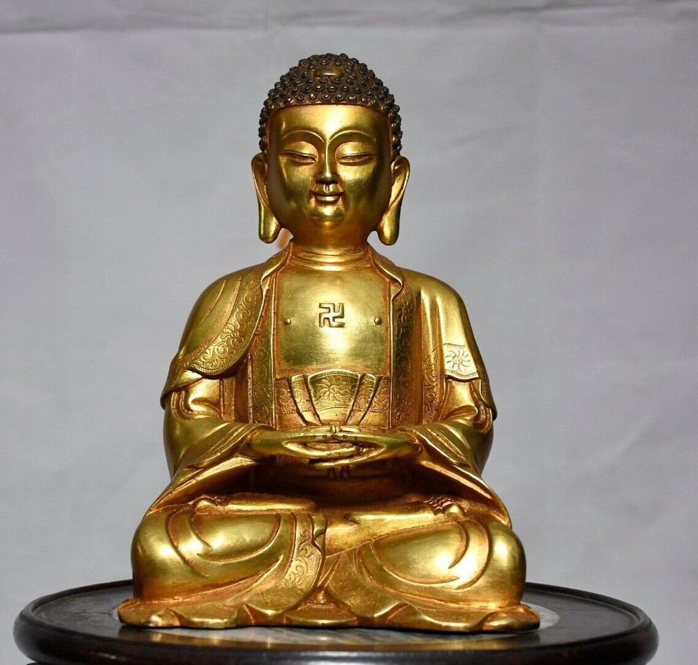 7.1-inch antique Tibetan Buddhism bronze gilt Amitabha Buddha statue