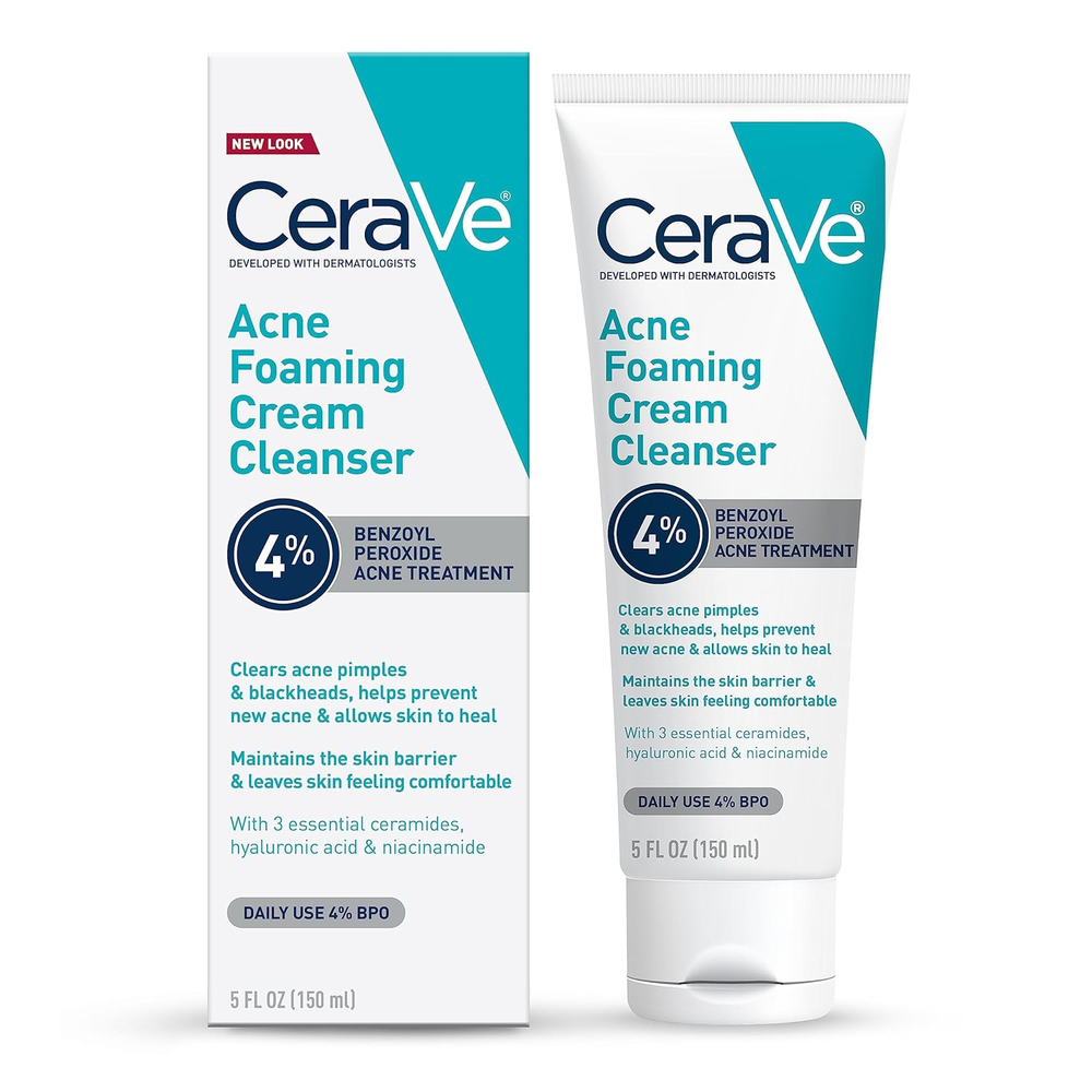 Cerave Acne Foaming Cream Cleanser with 4% Benzoyl Peroxide & Hyaluronic Acid for Clear Skin