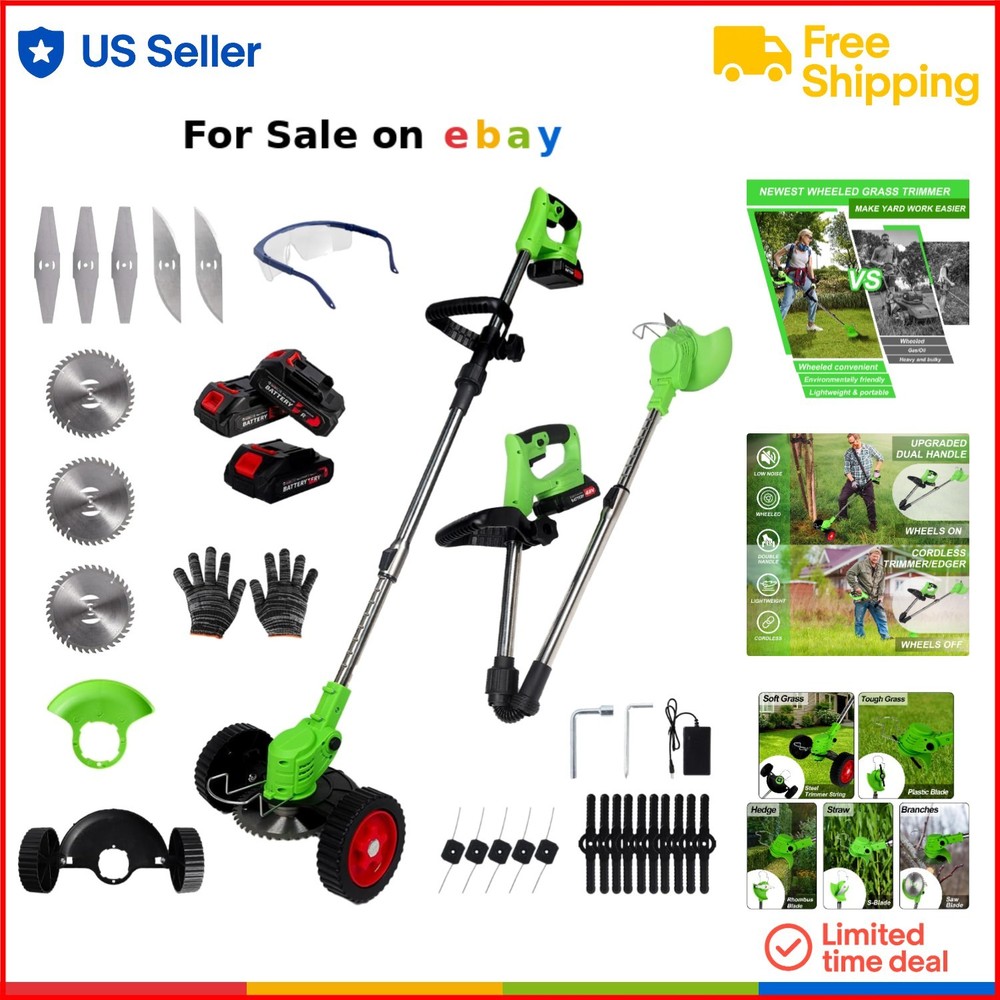 Cordless Electric Weed Wacker Trimmer 21V Lightweight Foldable with 3 Batteries