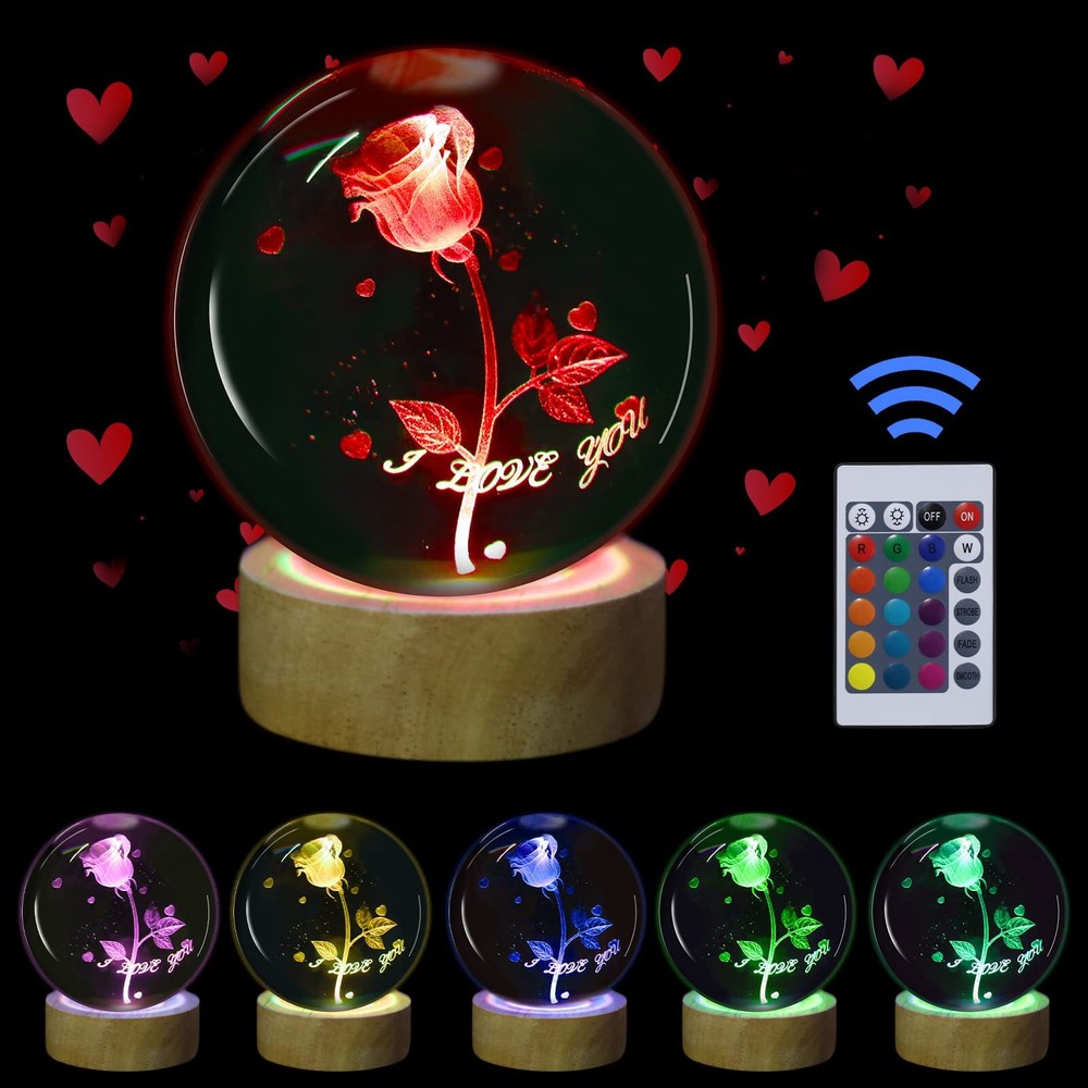 3D Rose Flower Crystal Ball Night Light with Remote Upgraded 3.15 Inch Rose G...