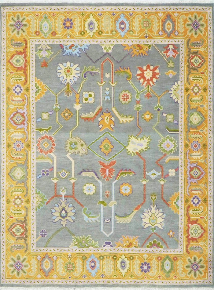 Hand Knotted Gray Yellow Premium Oushak Area Rug | 8x10 ft Living Room Wool Rug