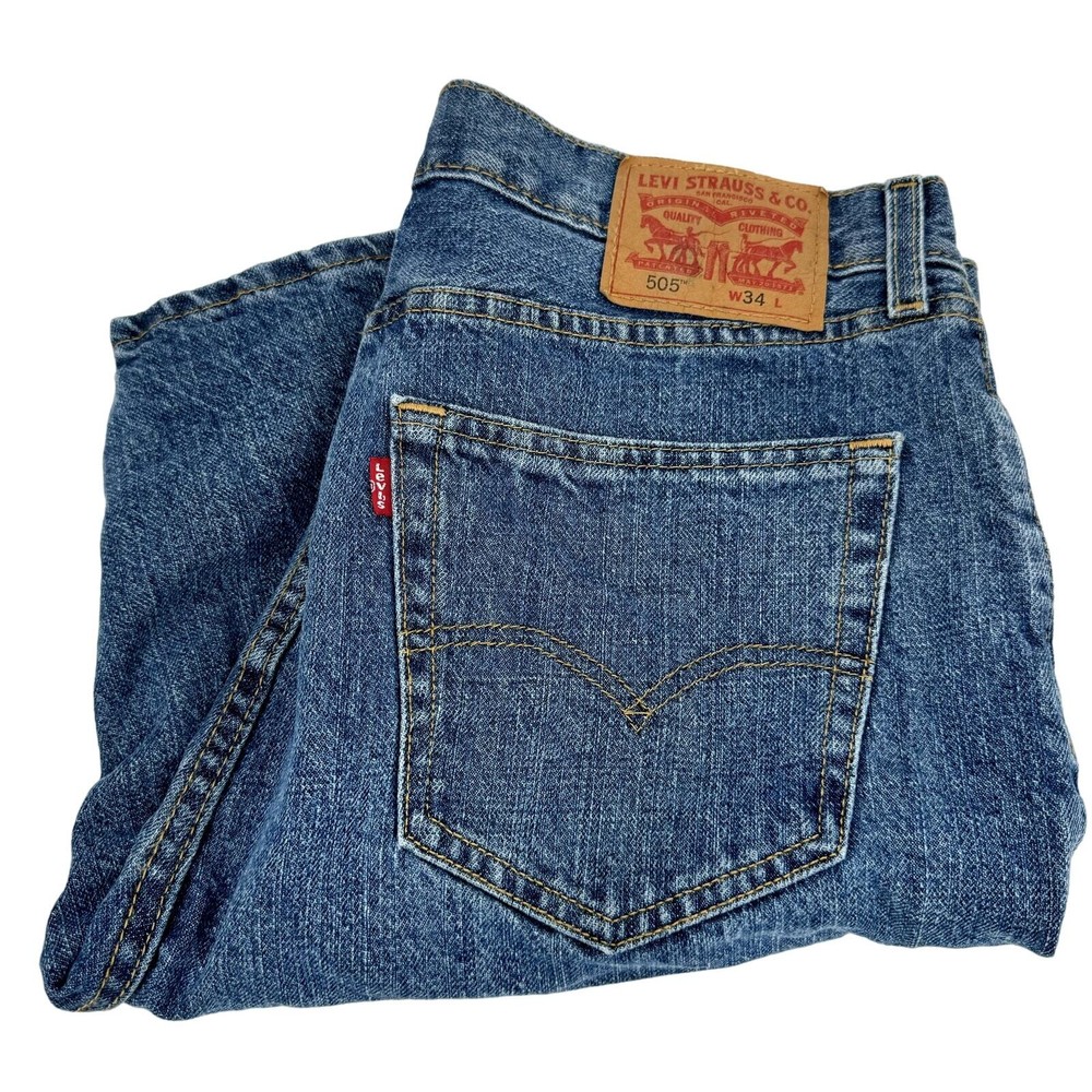 Levi's 505 Jean Shorts Mens 34 (34x9.5 ACTUAL) Jorts Regular Fit Blue Denim