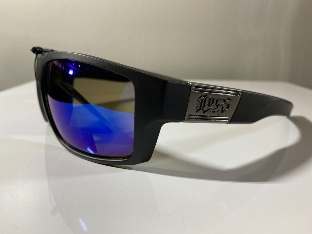 Men's black frame wrap sunglasses with purple reflective lenses