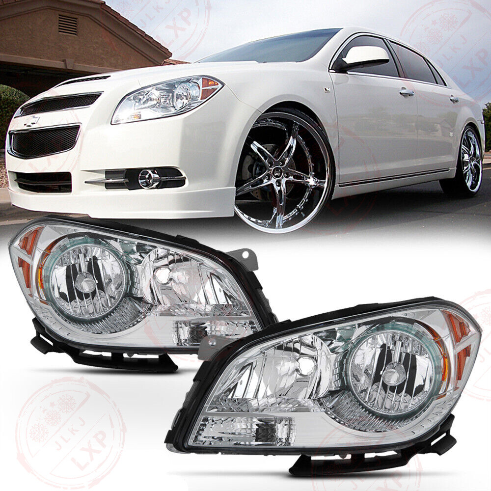 Headlights Assembly Pair for Chevy Malibu 2008-2012 Chrome Headlamps Left+Right