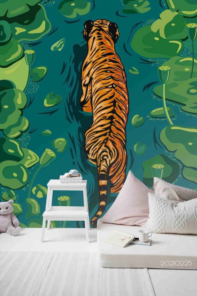 3D Tiger Lotus Pond Illustration Wall Murals Wallpaper Murals Wall Sticker