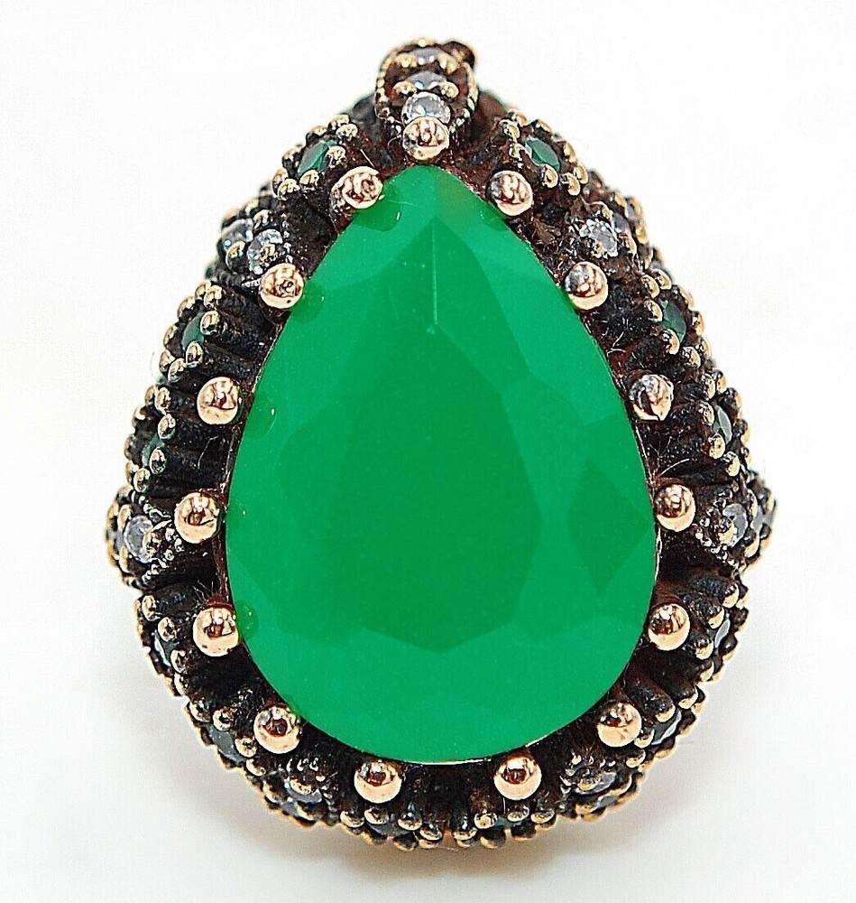 14CT Emerald Ottoman Empire Style 925 Sterling Silver Ring Size 8.5