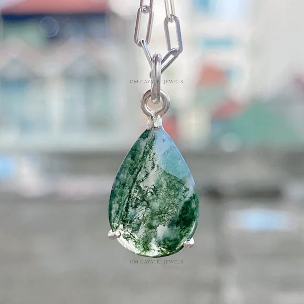 Natural Moss Agate Pendant in 925 Sterling Silver Handmade Gemstone Necklace