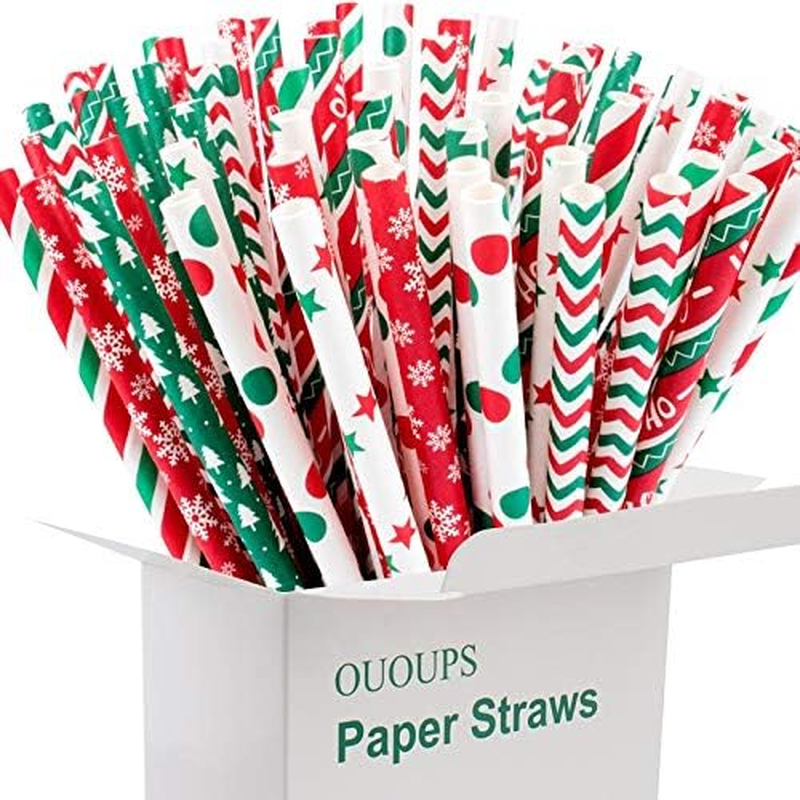 Paper Straws Christmas 100-Pack Biodegradable, 7.75 Inches, Stripe Paper Straws,