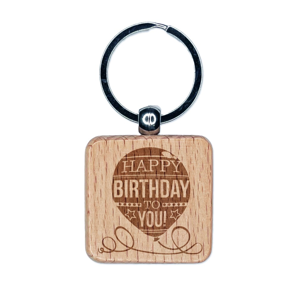 Happy Birthday Engraved Wood Keychain Charm with Balloon Design  