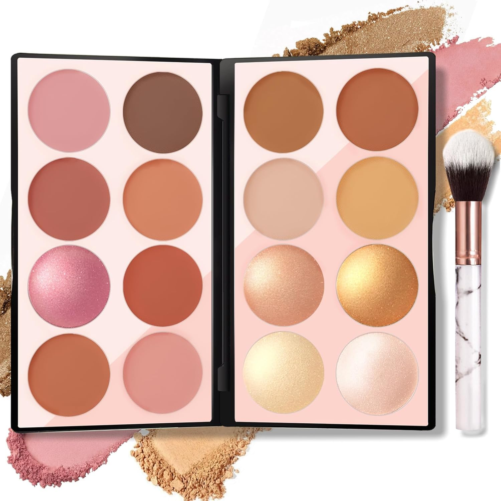 16 Colors Blush Contour Highlighter Makeup Palette with Brush, Matte Mineral Fac