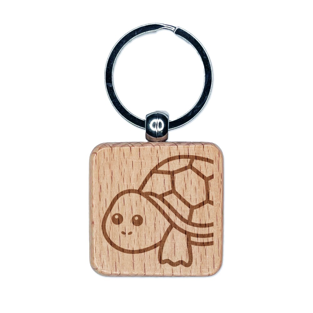 Peeking Turtle Engraved Wood Square Keychain Tag Charm