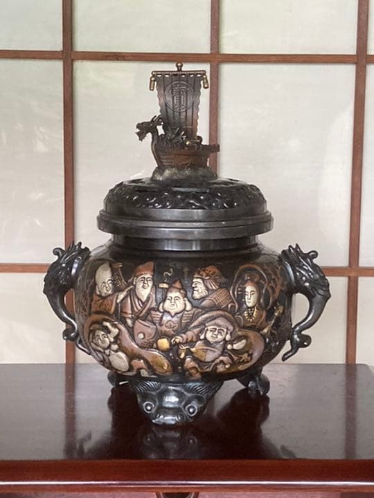 Bronze Large 11.8in Incense Burner SEVEN LUCKY GODS Japanese Vintage Censer Koro