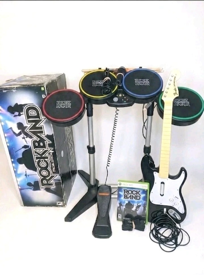 Rock Band Special Edition Drum Set Bundle- Wired Fender Guitar/Microphone/Game