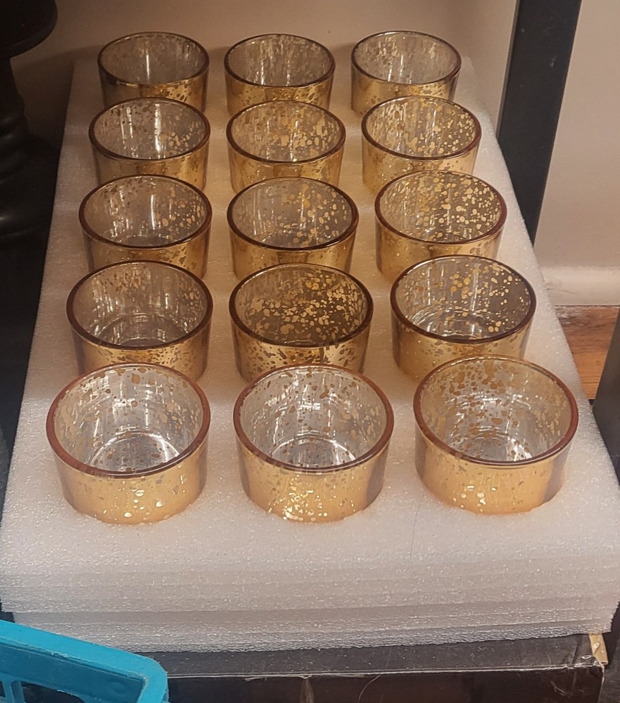 15pcs Gold Mercury Glass Votive Candle Holders - Large Speckled Tealight Set for Weddings & Decor