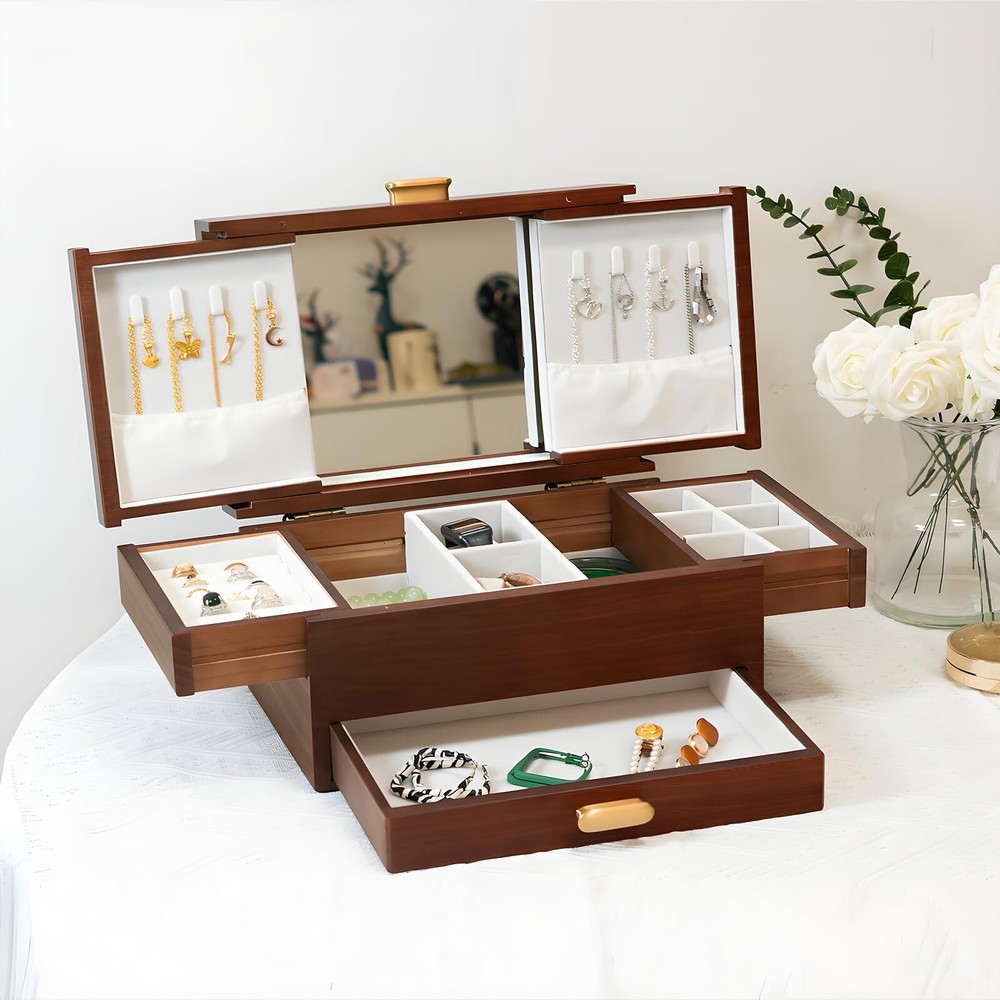 Solid Wood Jewelry Box for Rings Necklaces Watches Earrings Storage