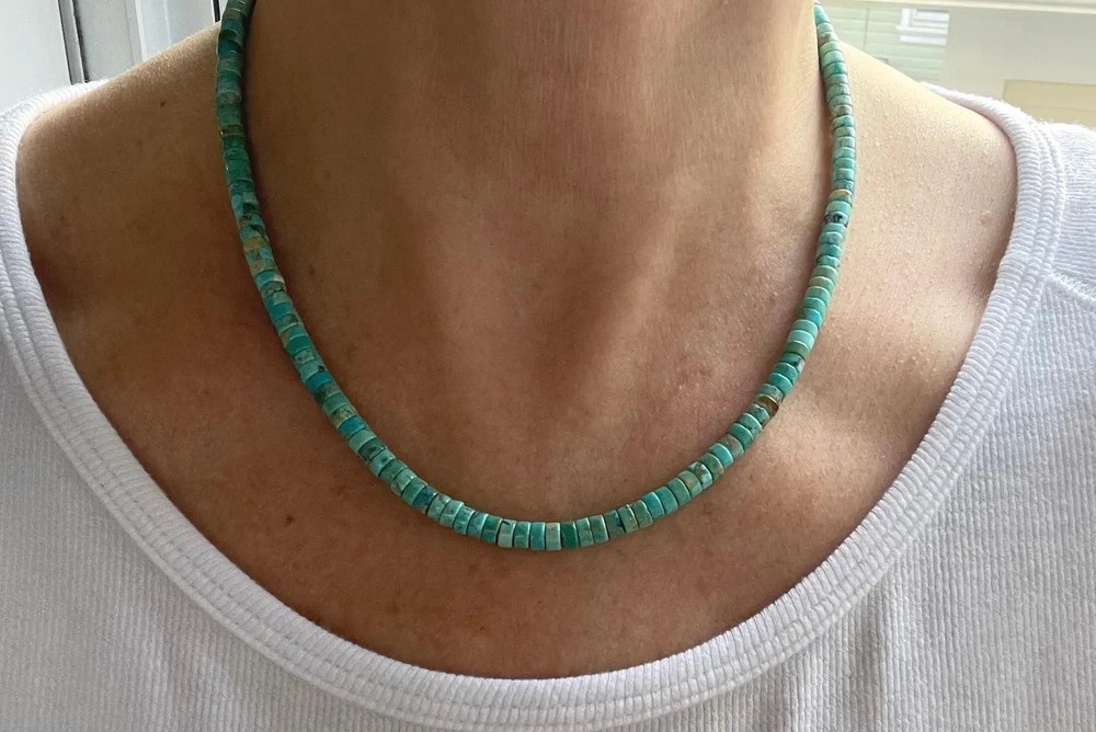 6mm Blue Green Arizona Turquoise Heishi Necklace, 14k Solid Gold Gemstone Choker