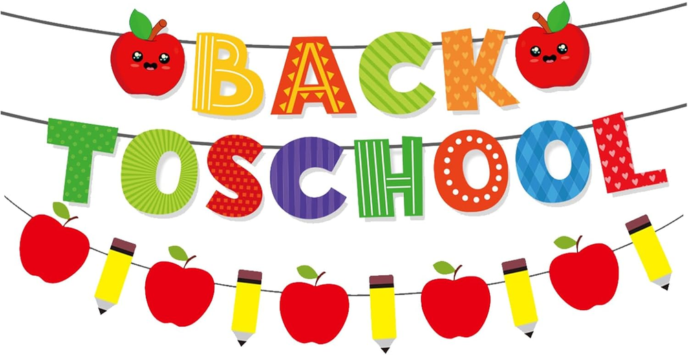 Back to School Banner, Colorful Letter Garland with Apples and Pencils, DIY Welc-image