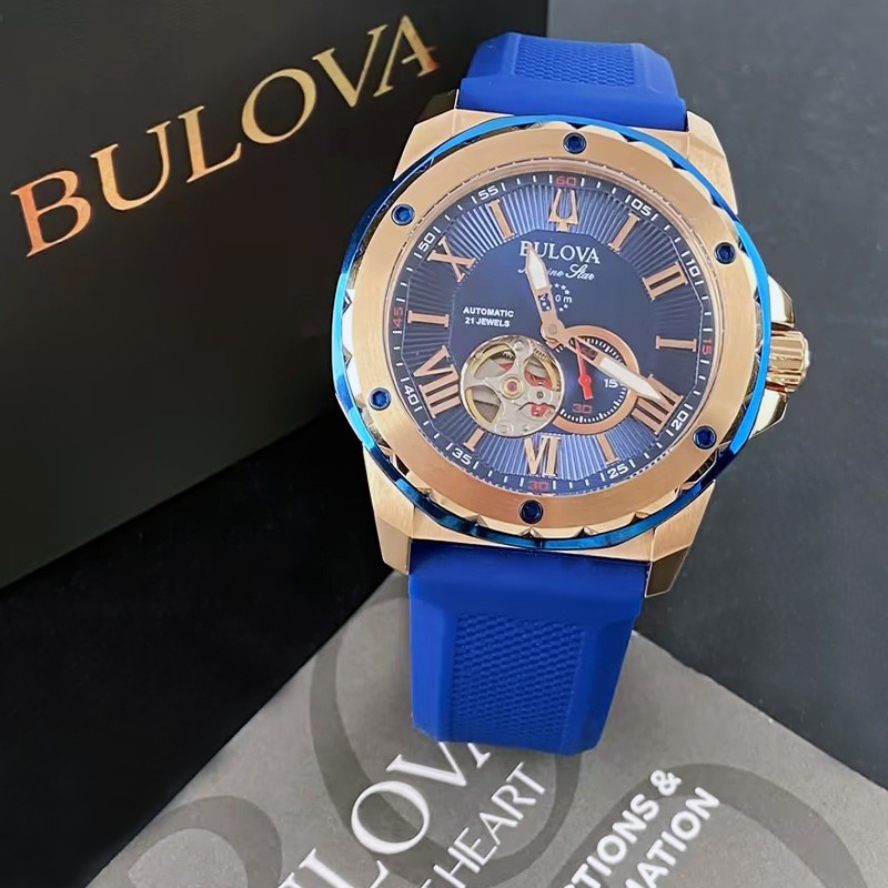 Bulova Men Marine Star Automatic 98A227 Blue/Rose Gold Dial Silicone Watch 45MM
