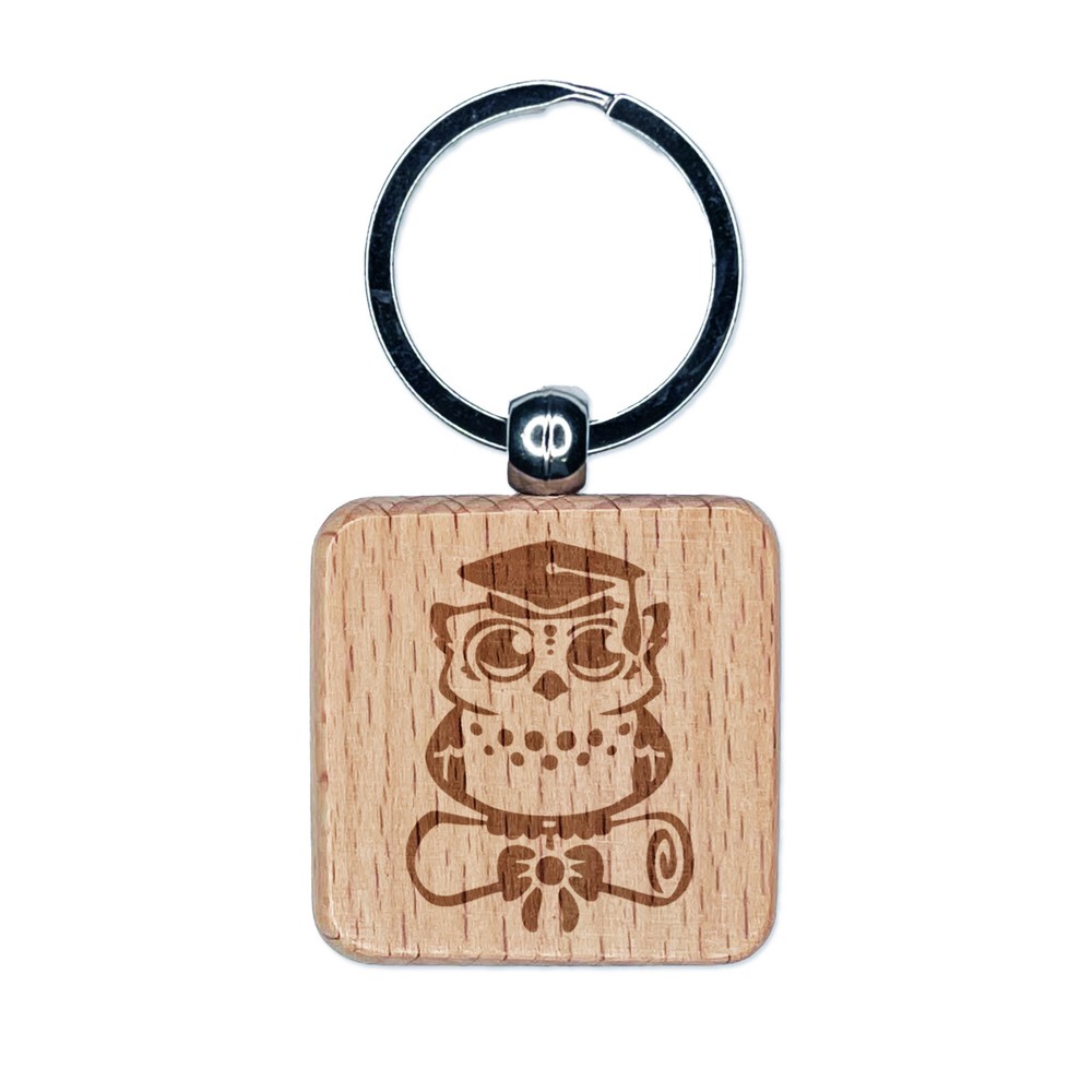 Graduation Owl Keychain with Cap and Diploma Engraved Wooden Gift for School or College