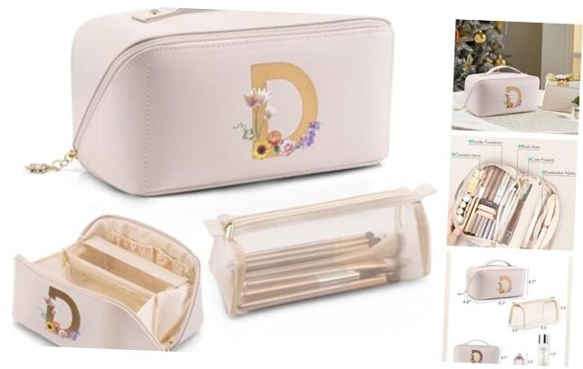 Birthday Gift For Daughter,Initial Makeup Bag for Teen Girls White-D