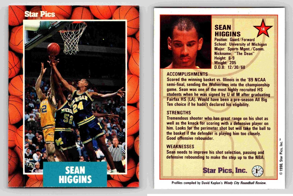 Sean Higgins Guard Forward University Michigan Star Pics 1990 Card 14