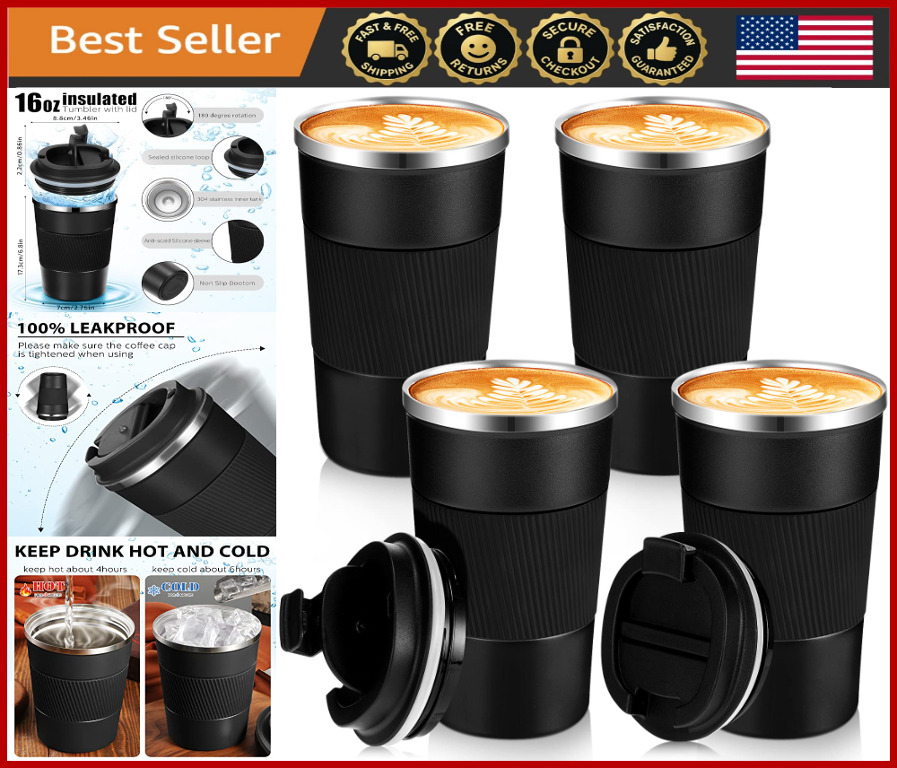 4 Pack 16oz Stainless Steel Vacuum Insulated Travel Coffee Tumbler